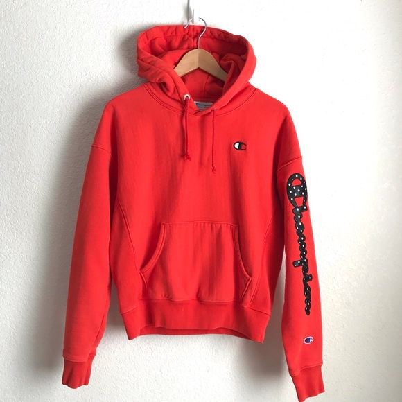 Champion Reverse Weave Polka Dot Spell Out Hoodie Orange Red Sweatshirt - Picture 1 of 7